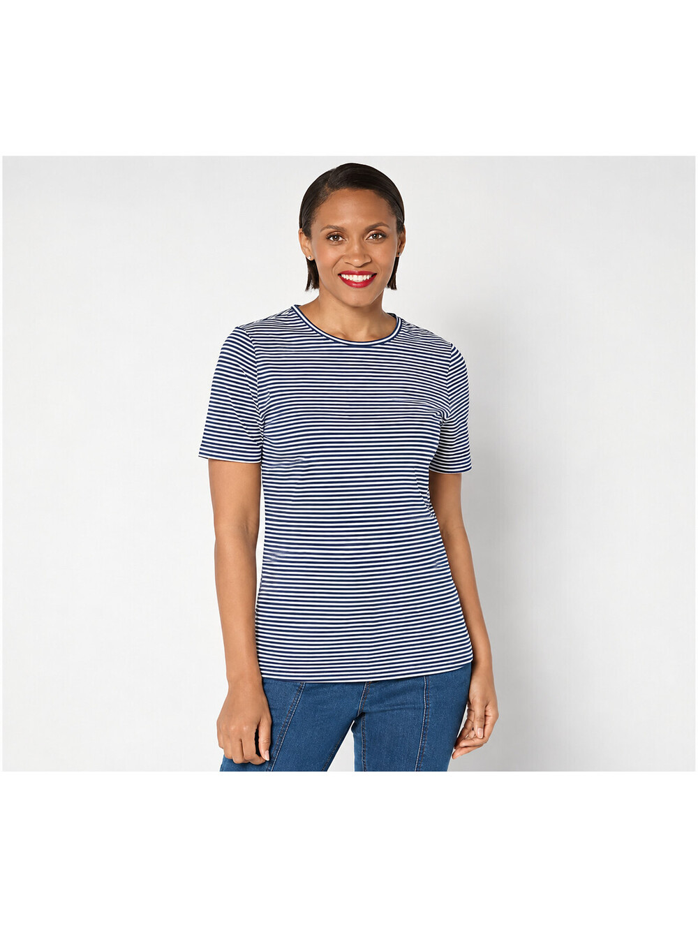 Denim & Co. Essentials Perfect Jersey Yarn Dye Striped Pullover Top Black, Large